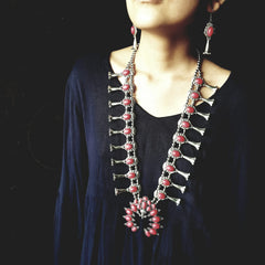 Red Afghani Silver Necklace set - Long