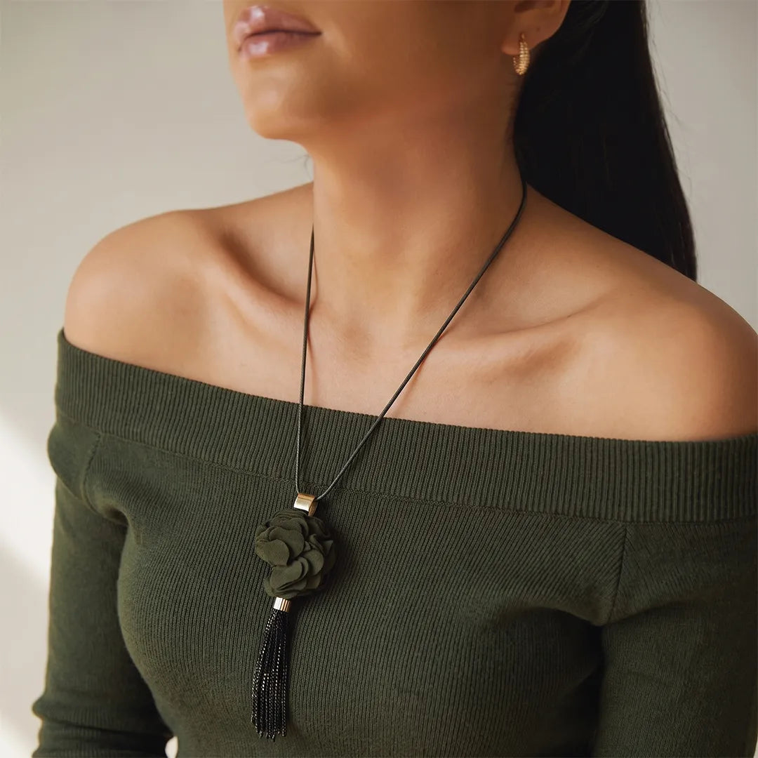 Fabric Floral Pendant Necklace - Long