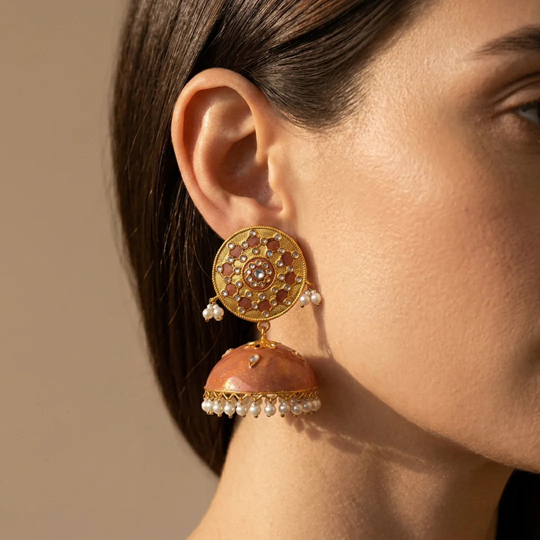 Fancy Rust Meenakari Jhumka Earrings - Large