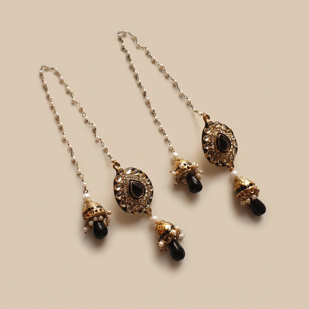 Golden Black Kundan Jhumka Earrings