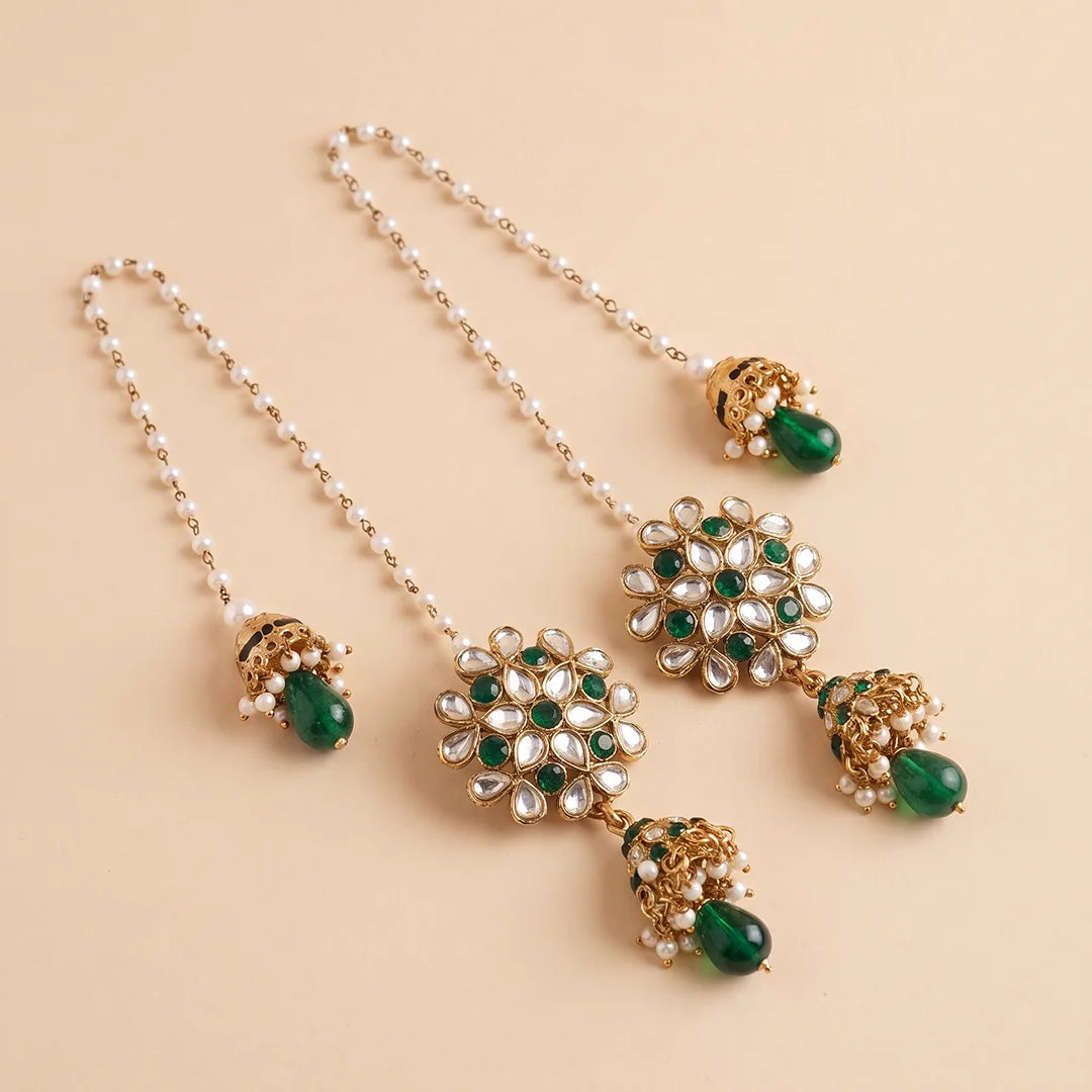 Golden Green Suman Kundan Jumka Earrings