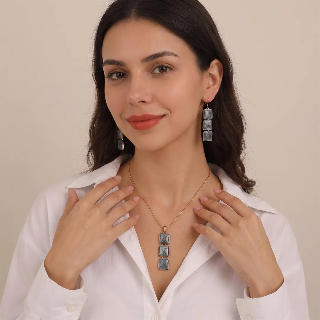 Golden Grey Square Metallic Pendant - Necklace set