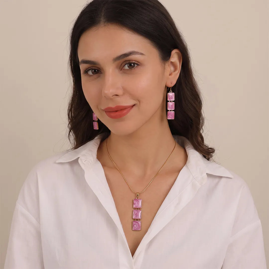 Golden Pink Square Metallic Pendant - Necklace Set