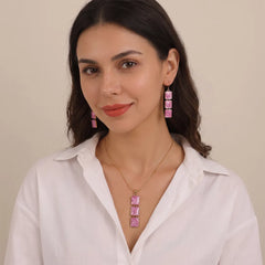 Golden Pink Square Metallic Pendant - Necklace Set