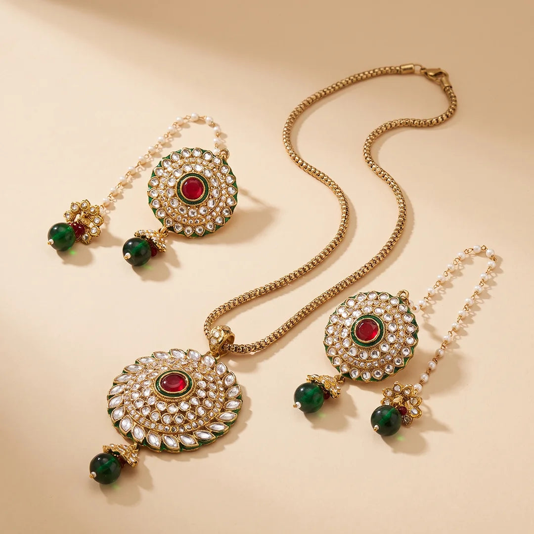 Golden Red Green Kral Kundan Set - Necklace & Earrings