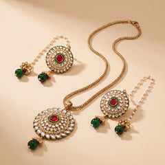 Golden Red Green Kral Kundan Set - Necklace & Earrings