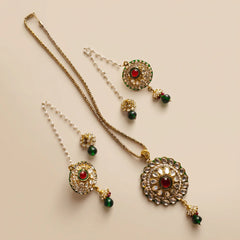 Golden Red Green Rajsi Kundan Set - Necklace & Earrings