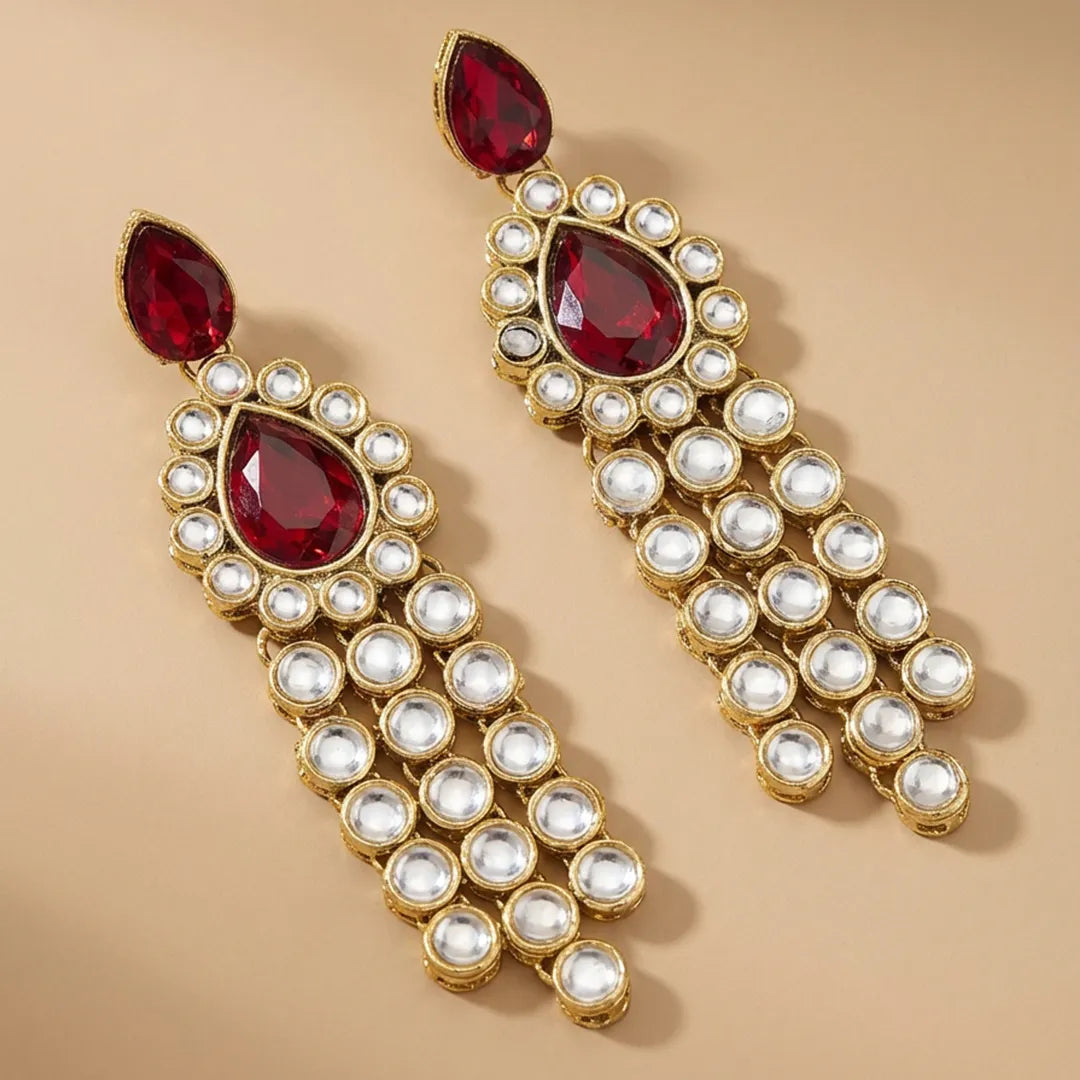 Golden Red Kundan Jhumka Earrings - Large