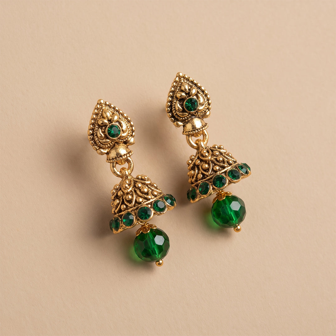 Green Golden Earrings - Small Jhumki