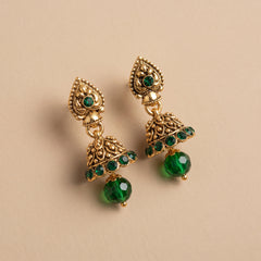 Green Golden Earrings - Small Jhumki