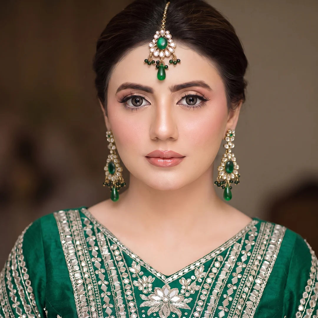 Green Kundan Set - Bindia Tika & Earrings