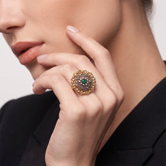 Green Stone Round Mesh Ring - Sizeable