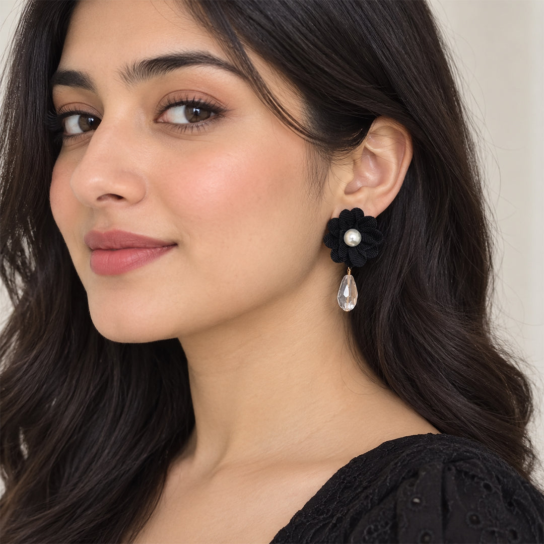 Handmade Fabric Floral Earrings - Black