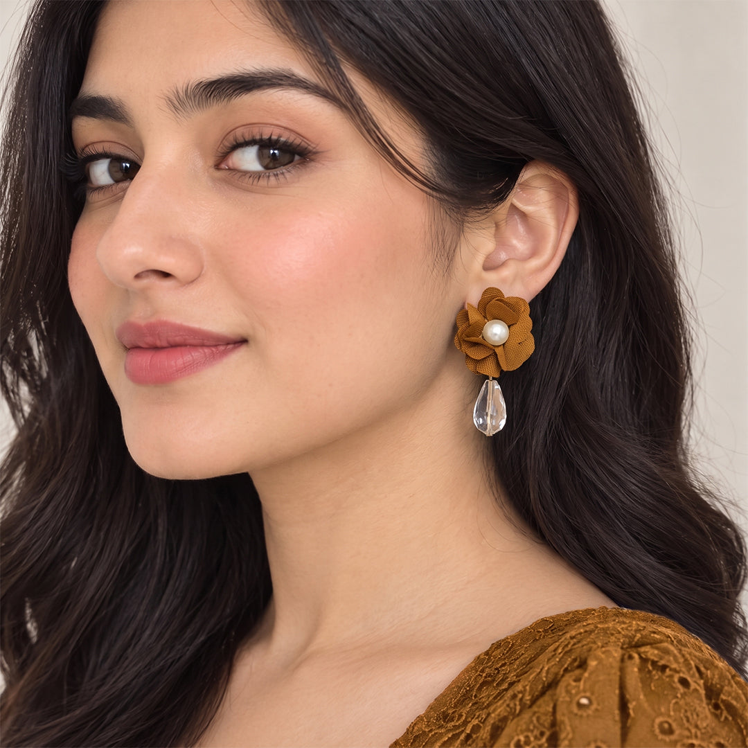 Handmade Fabric Floral Earrings - Brown