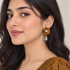 Handmade Fabric Floral Earrings - Brown