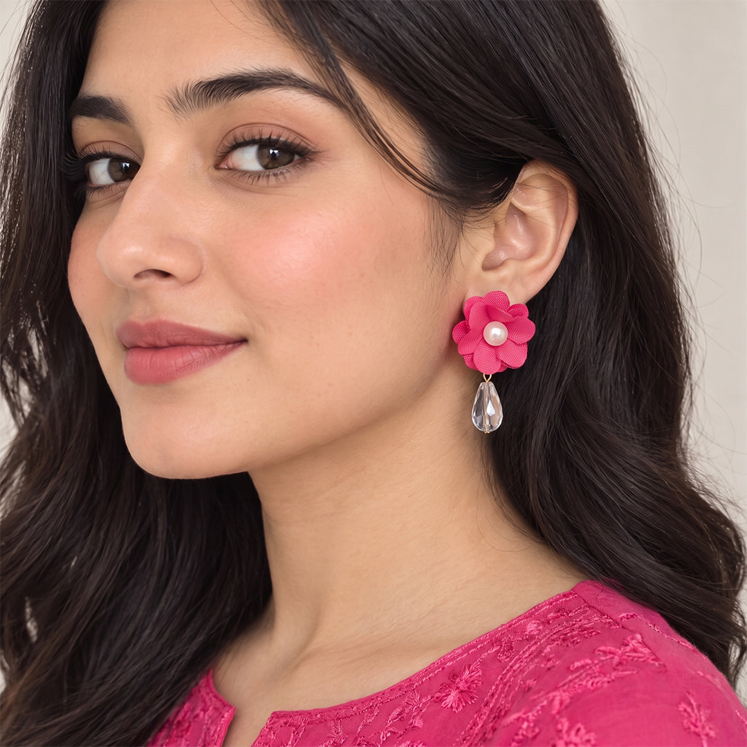 Handmade Fabric Floral Earrings - Fuchsia