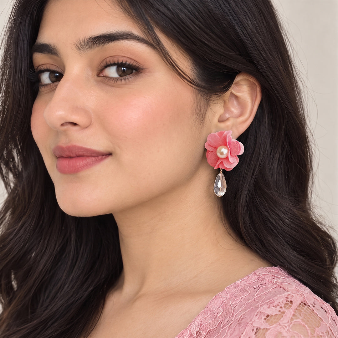 Handmade Fabric Floral Earrings - Pink