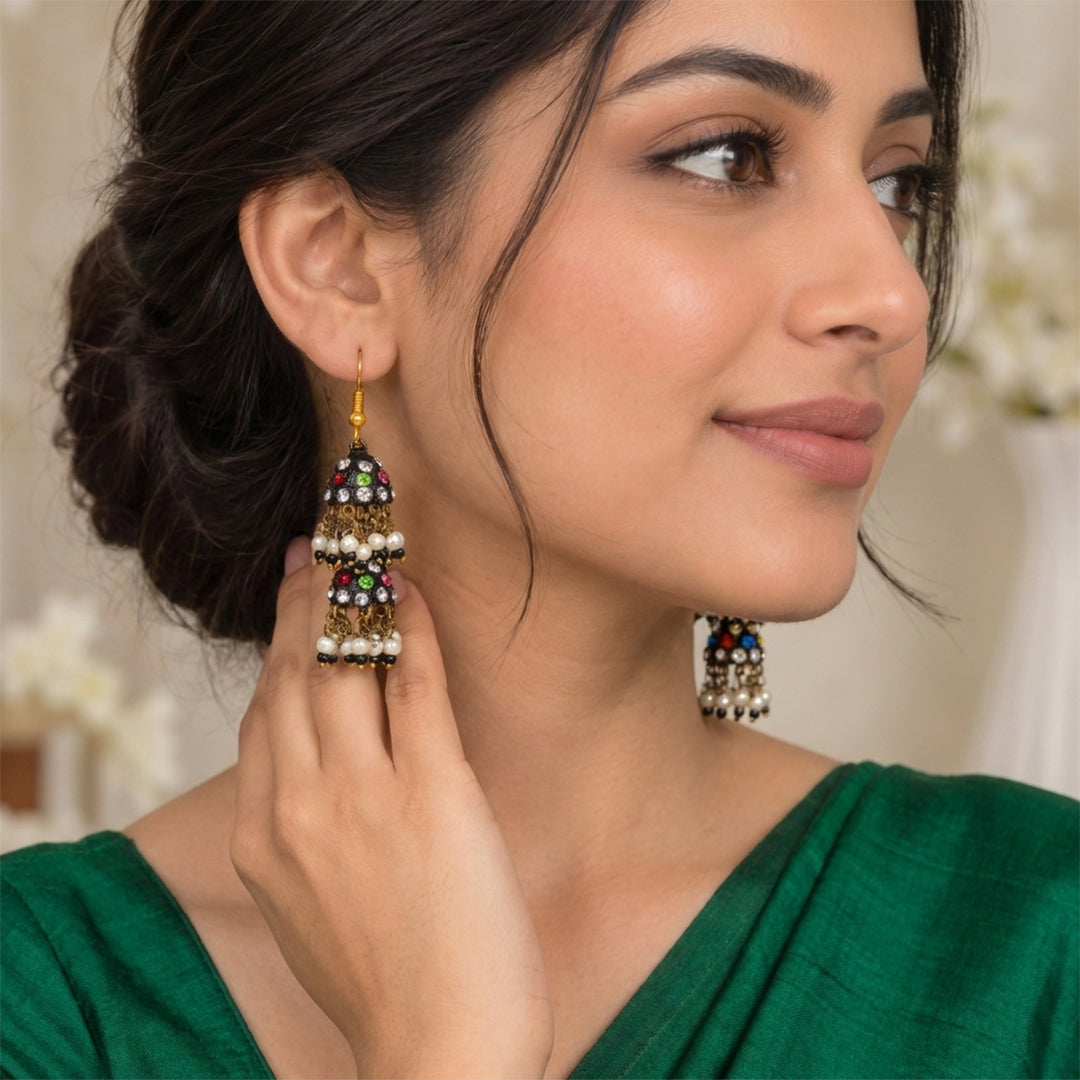 Handmade Multi Stone Jhumka Earrings - Black