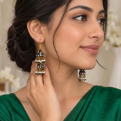 Handmade Multi Stone Jhumka Earrings - Black