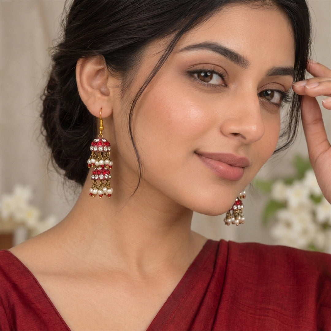 Handmade Red Stone Jhumka Earrings - Red