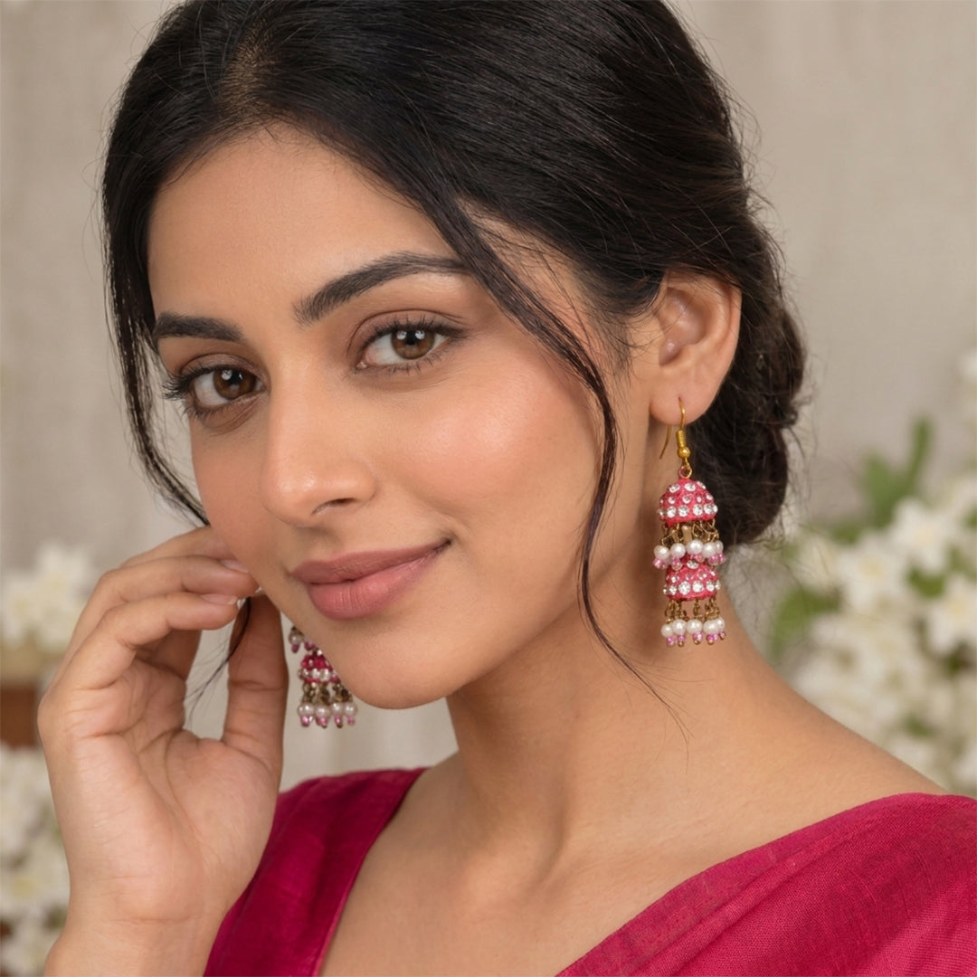 Handmade Stone Jhumka Earrings - Pink