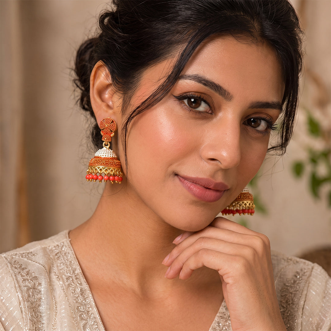 Handpainted Jhumka Earrings - Orange