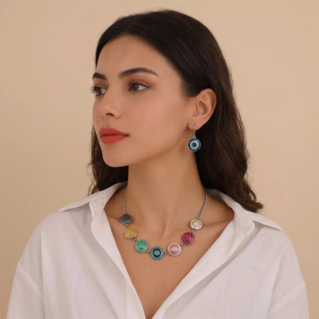 Handpainted Multi Round Metallic Pendant - Necklace set 4