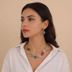 Handpainted Multi Round Metallic Pendant - Necklace set 4
