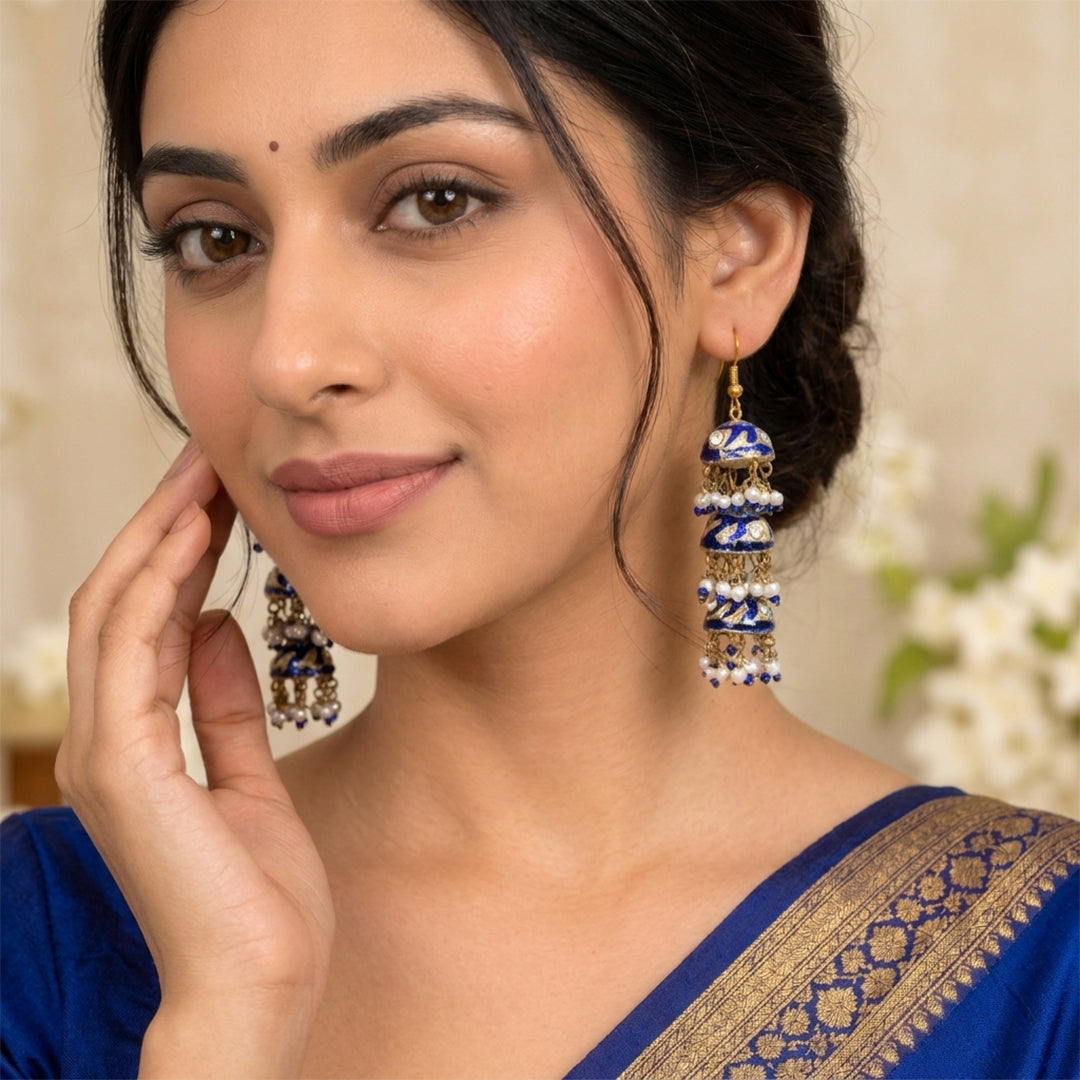 Layered Meenakari Jhumka Earrings - Blue