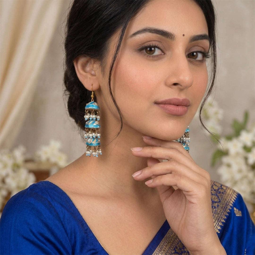 Layered Meenakari Jhumka Earrings - Ferozi