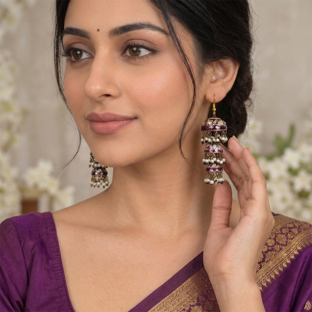 Layered Meenakari Jhumka Earrings - Mauve