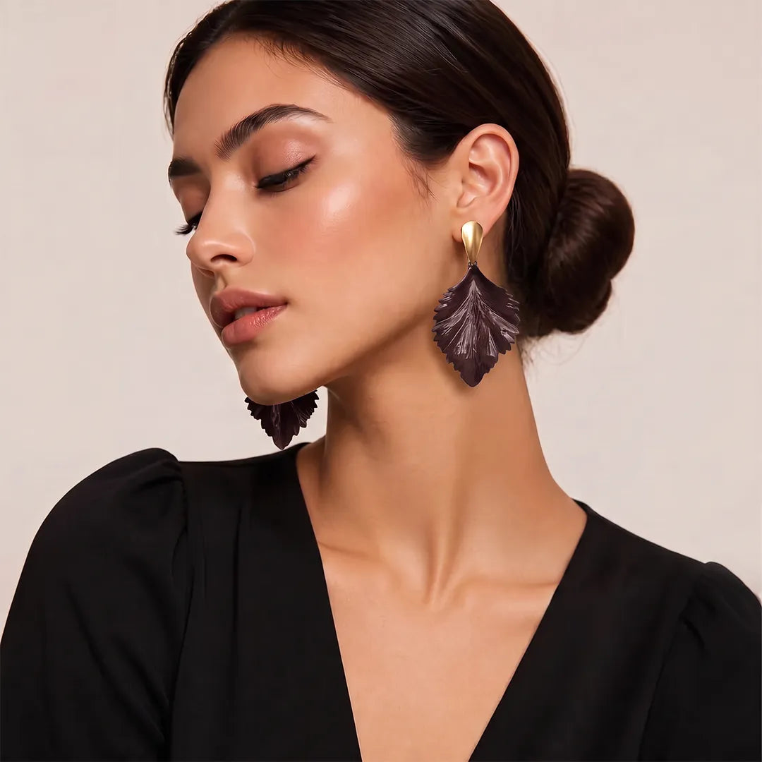Metallic Leaf Earrings - Brown