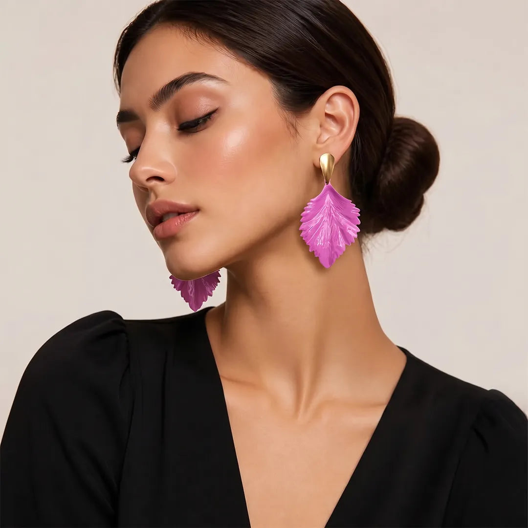 Metallic Leaf Earrings - Mauve