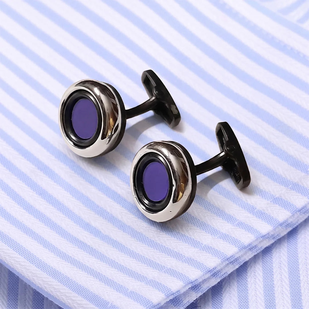 Modern Silver Blue Round  Men's Cufflinks