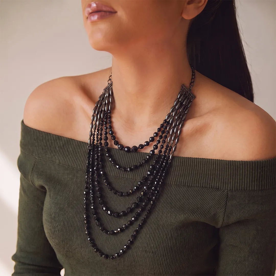 Multi-Layered Black Beads Necklace - Long
