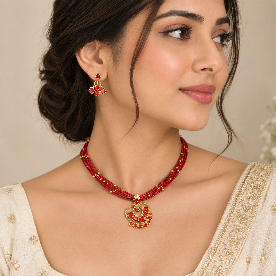 Orange Kundan Pendant Set - Necklace & Earrings