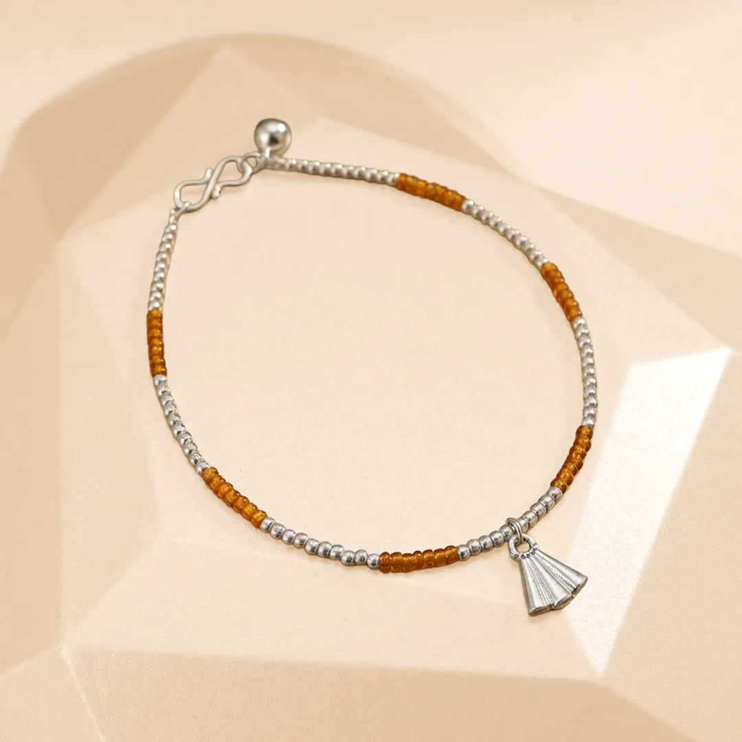 Orange Silver Beads Anklet - Single