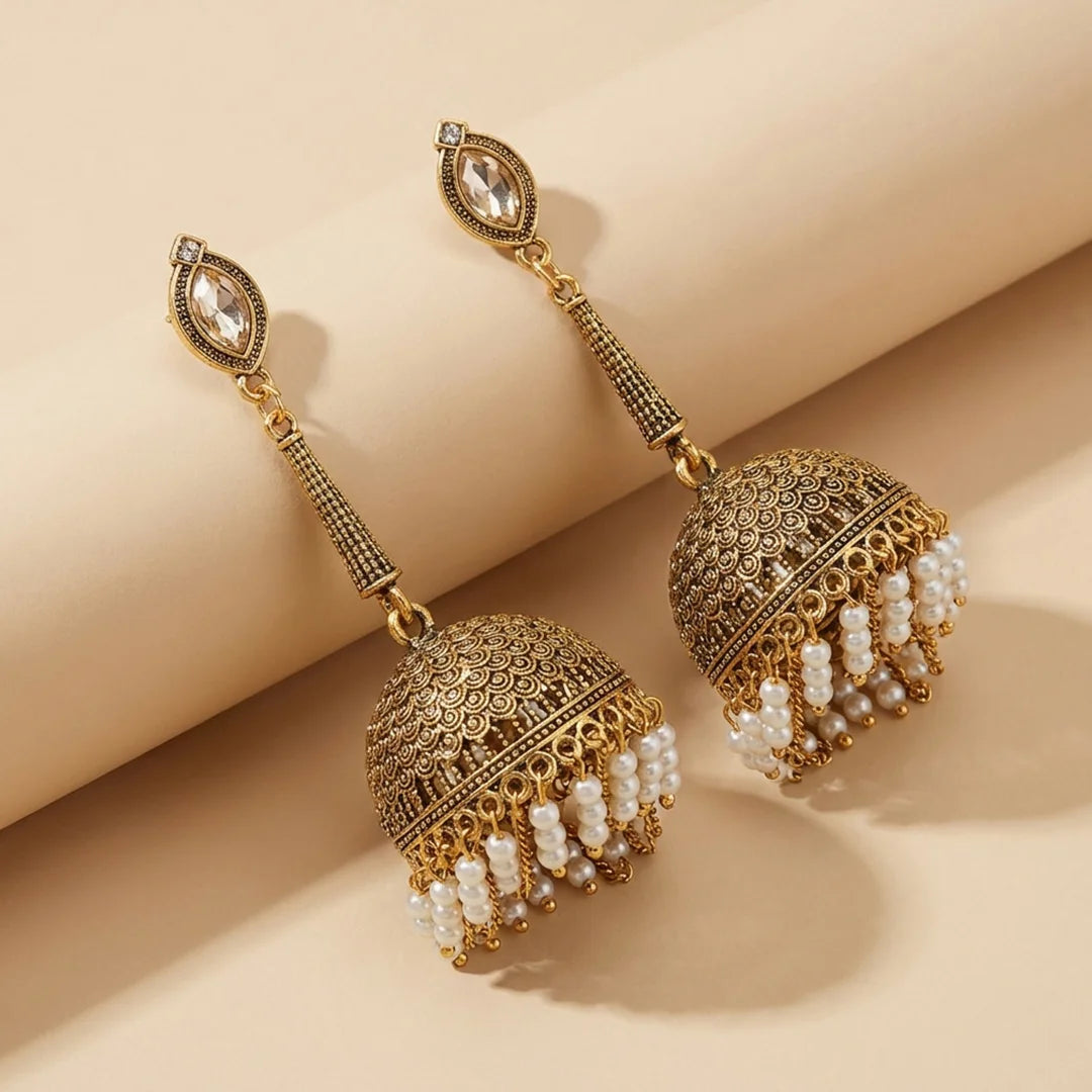 Pearl Stone Drop Jhumka Earrings
