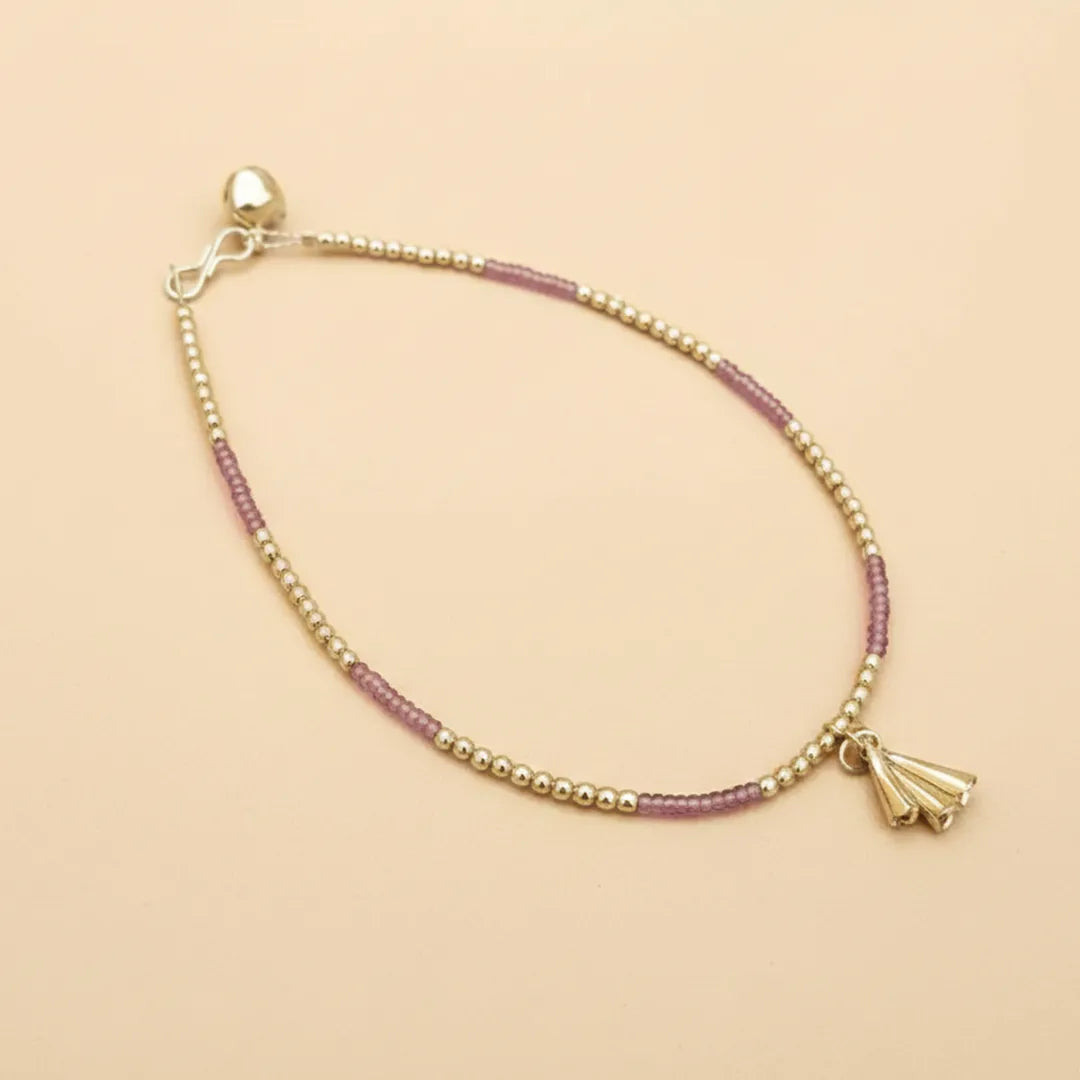 Purple Silver Beads Anklet - Single