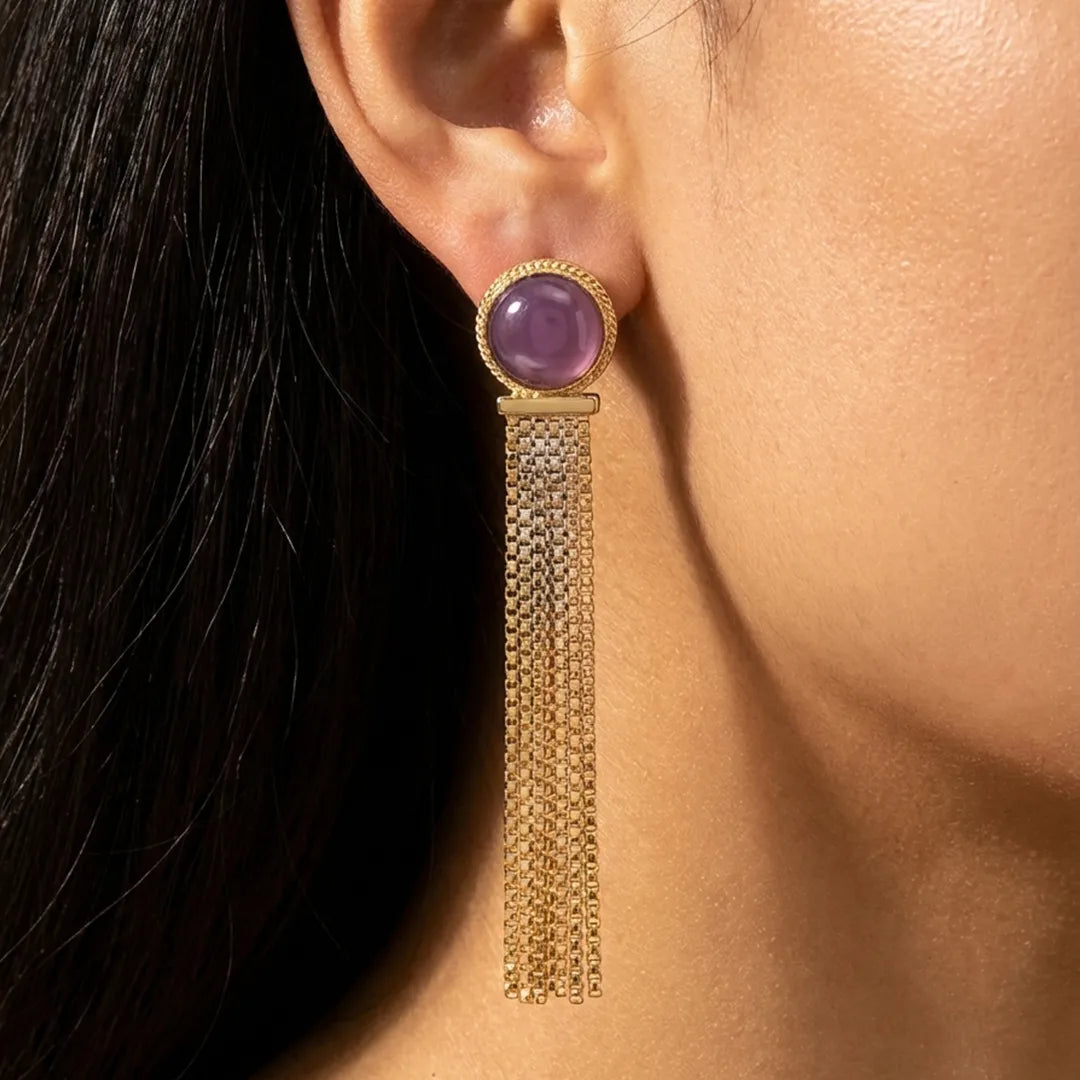 Purple Stone Egyptian Drop Earrings - Long