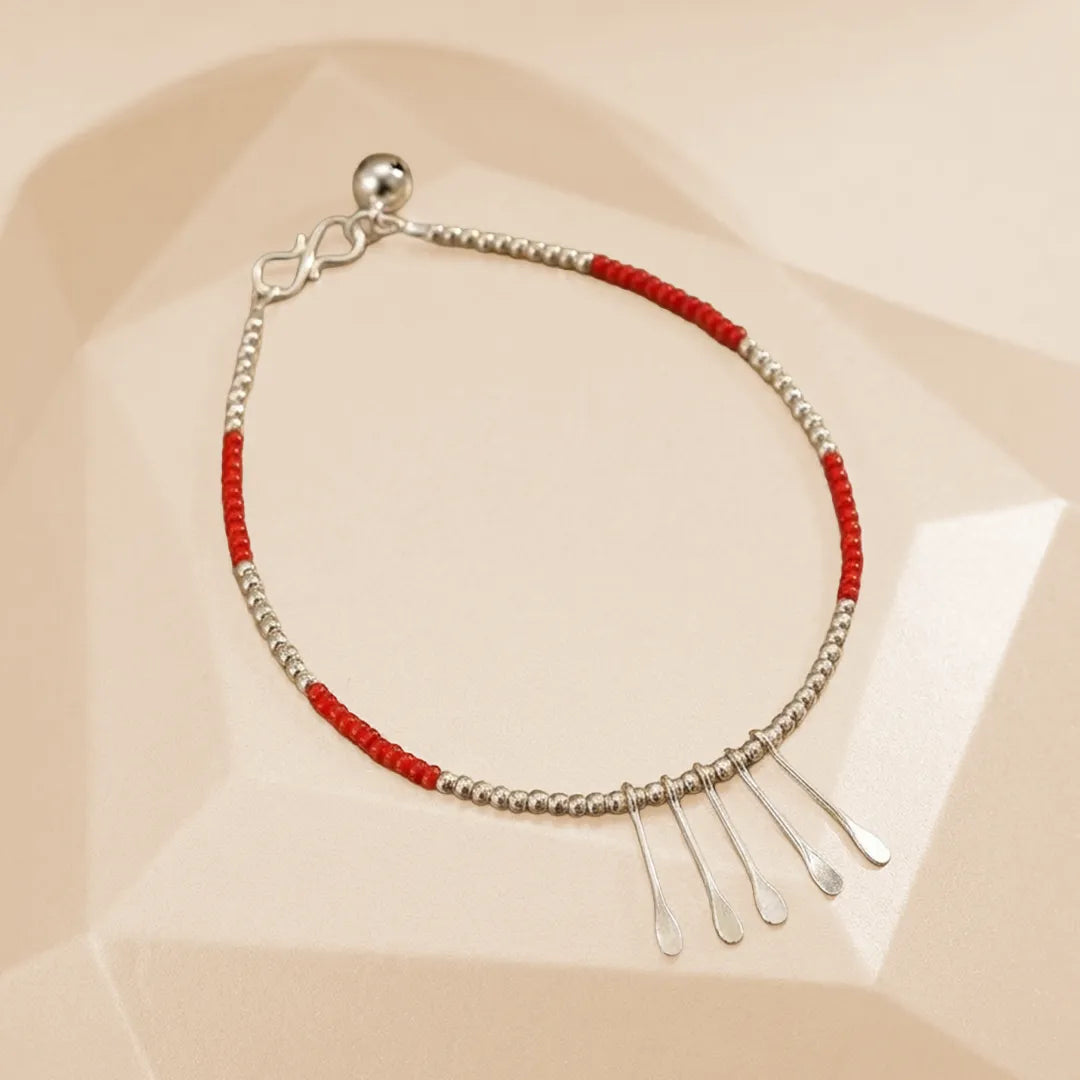 Red-Silver Bead Anklet - Single
