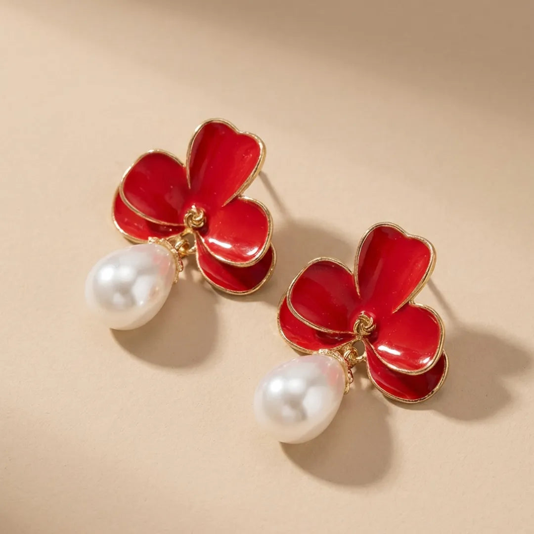 Red Floral Pearl Drop Earrings