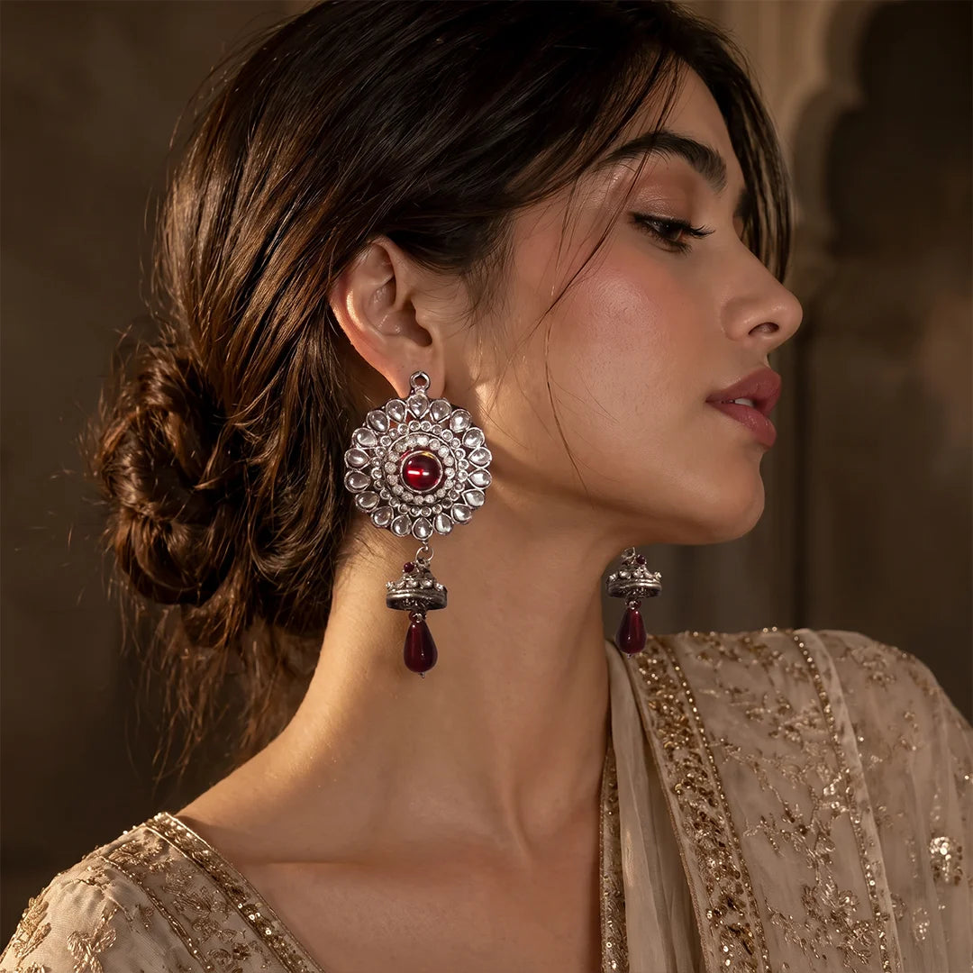 Red Jewel Kundan Jhumka Earrings - Large