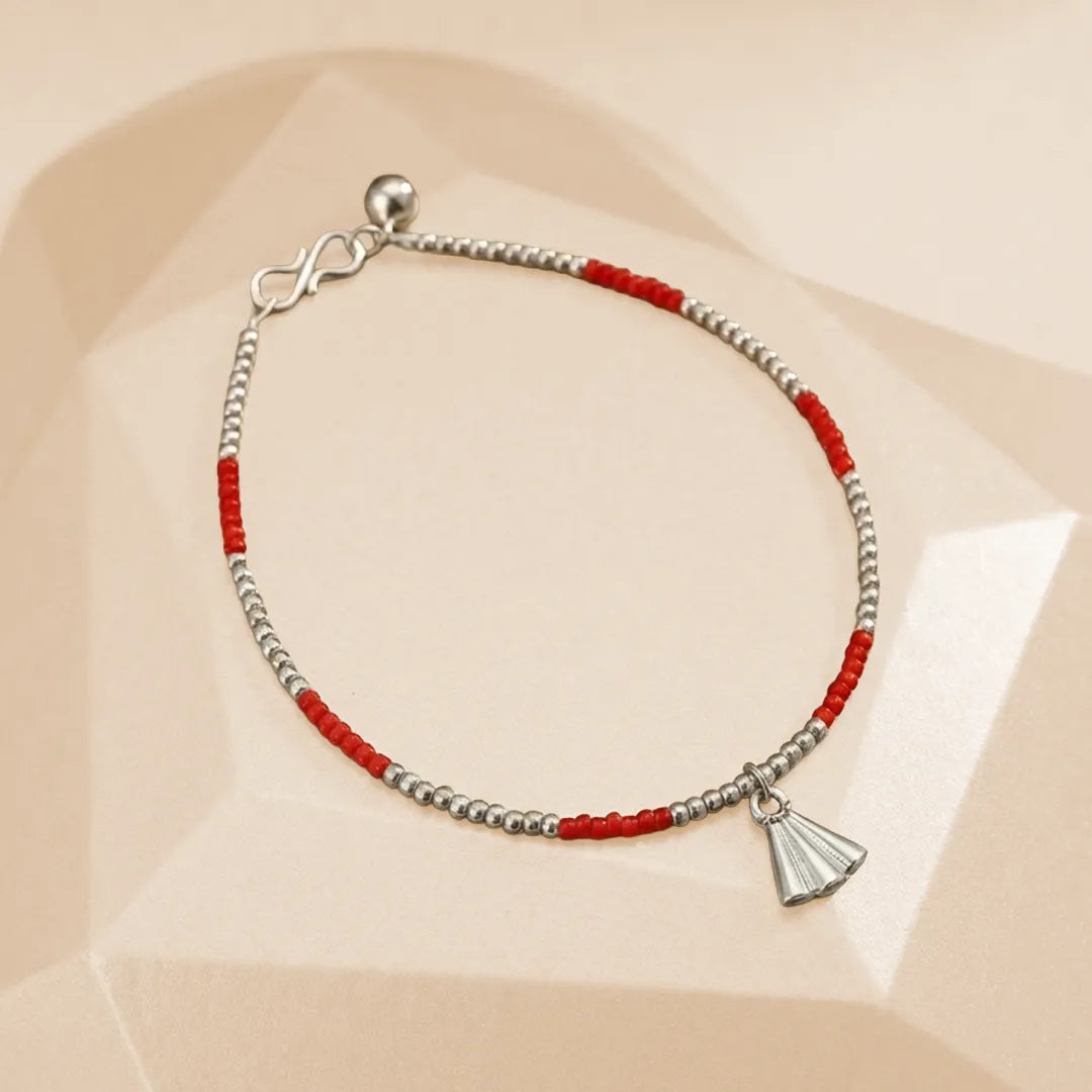 Red Silver Beads Anklet - Single