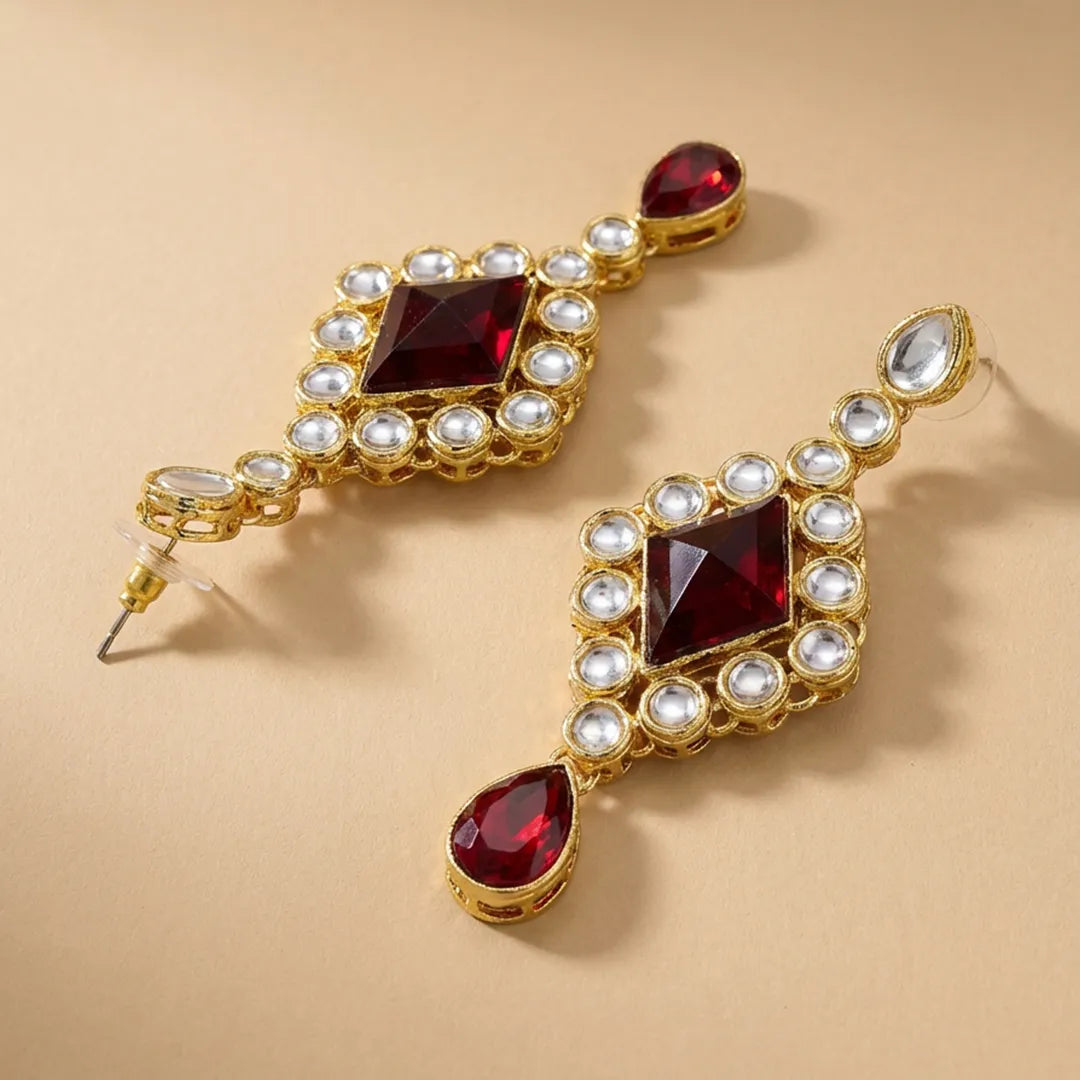 Red Stone Kundan Jhumka Earrings - Large