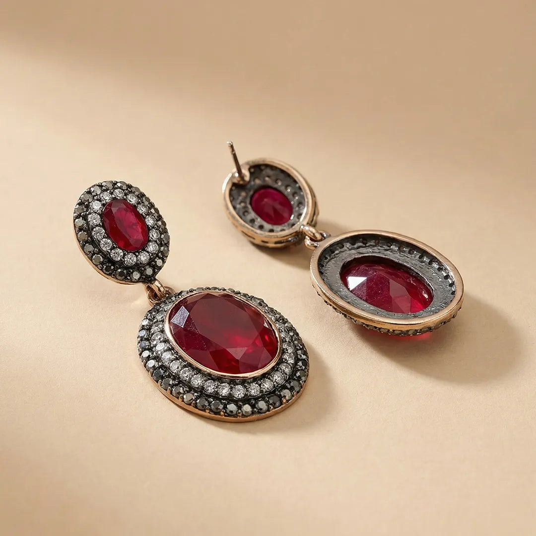 Red Stone Round Turkish Earrings