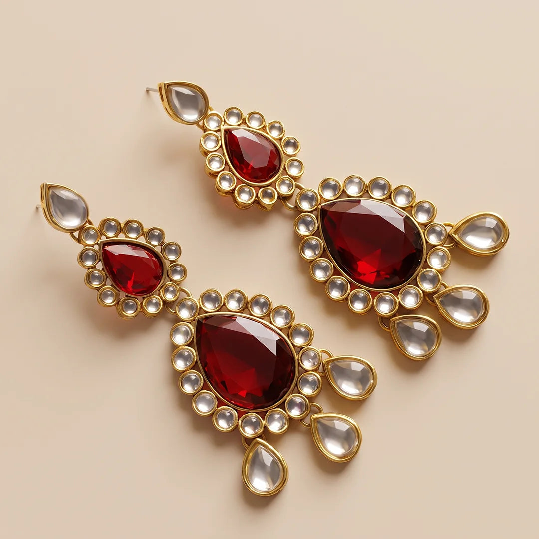 Red Teardrop Kundan Jhumka Earrings - Large