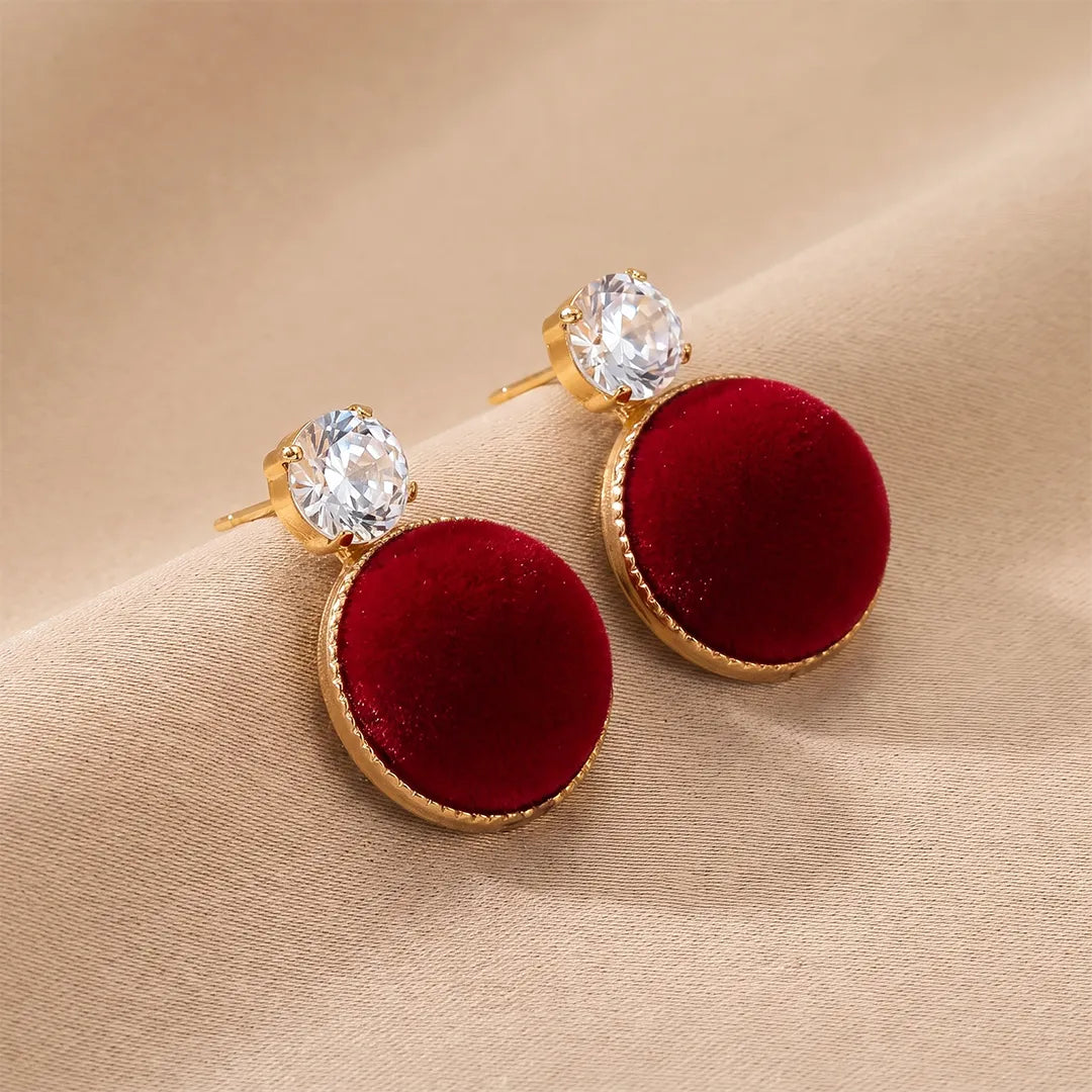 Round Metallic Velvet Earrings - Maroon