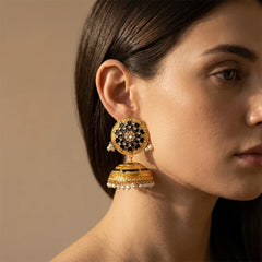 Royal Black Golden Meena Kari Jumka Earrings - Large