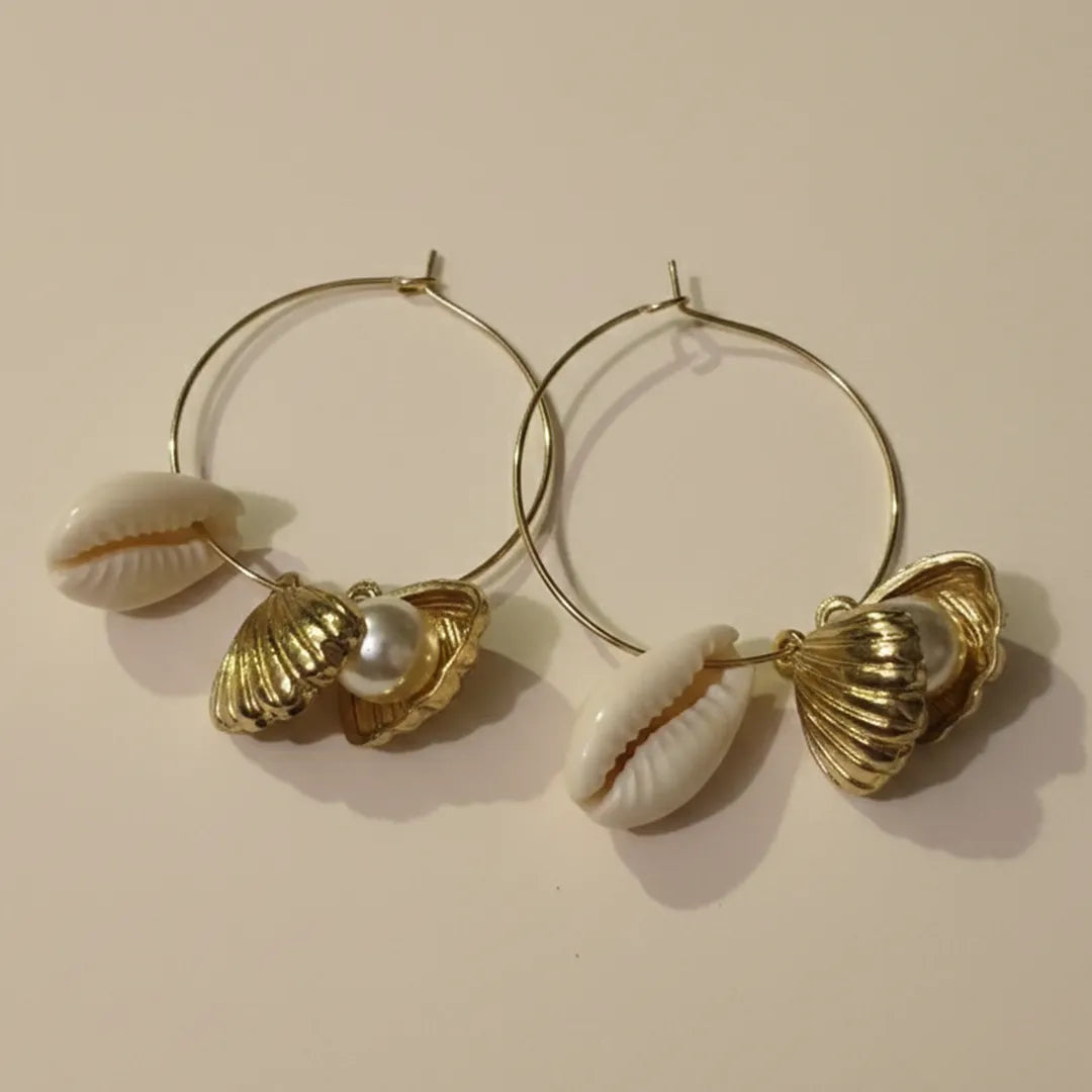 Seashell Pearl Golden Hoop Earrings
